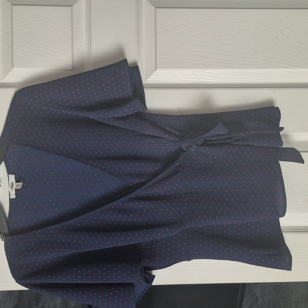 Meraki Navy Wrap Blouse with Red Dots